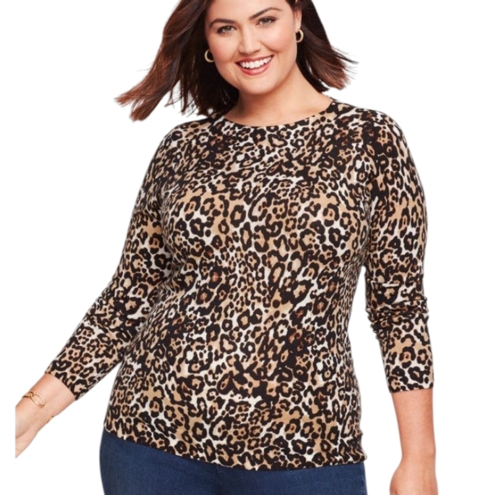 Talbots Leopard Print Audrey Extra Fine Merino Wool Crew Neck Sweater Size X 12P - Picture 1 of 8